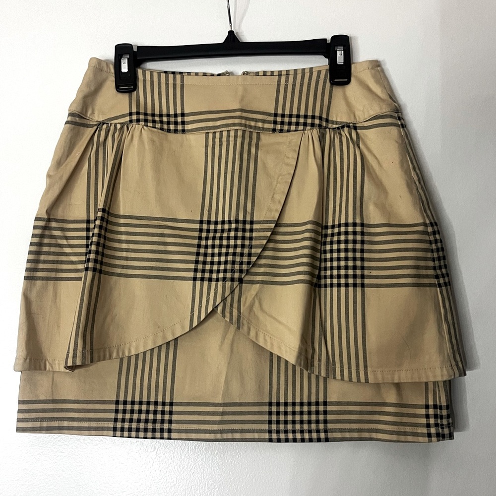 Tulle Beige Black Plaid Layered Wrap Peplum Mini Skirt